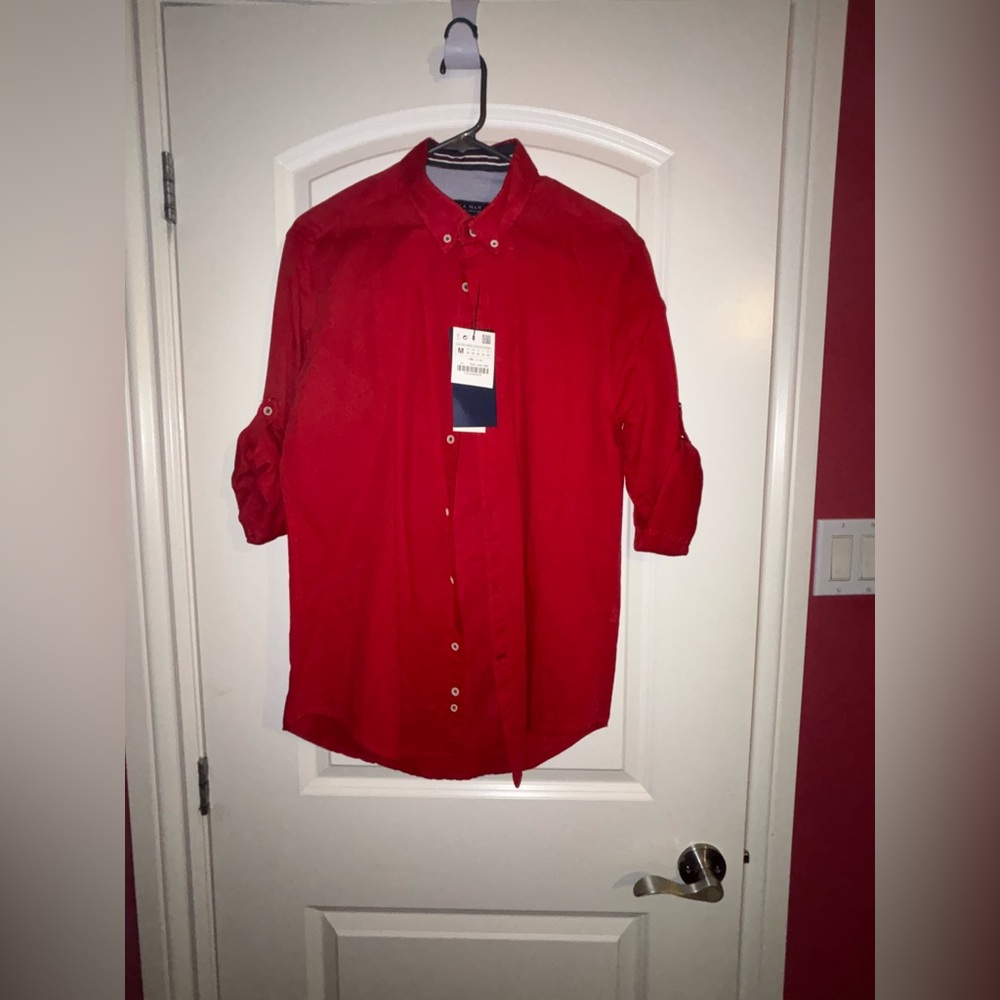 Red linen casual button up shirt